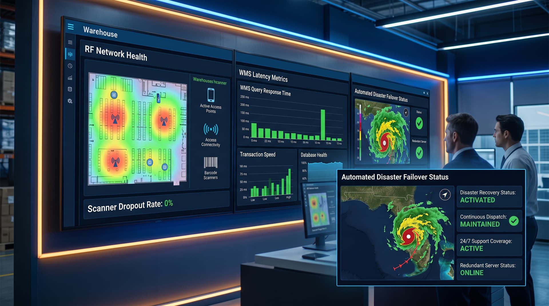 Modern logistics control center display monitoring warehouse Wi-Fi performance, WMS response times, and system resilience.