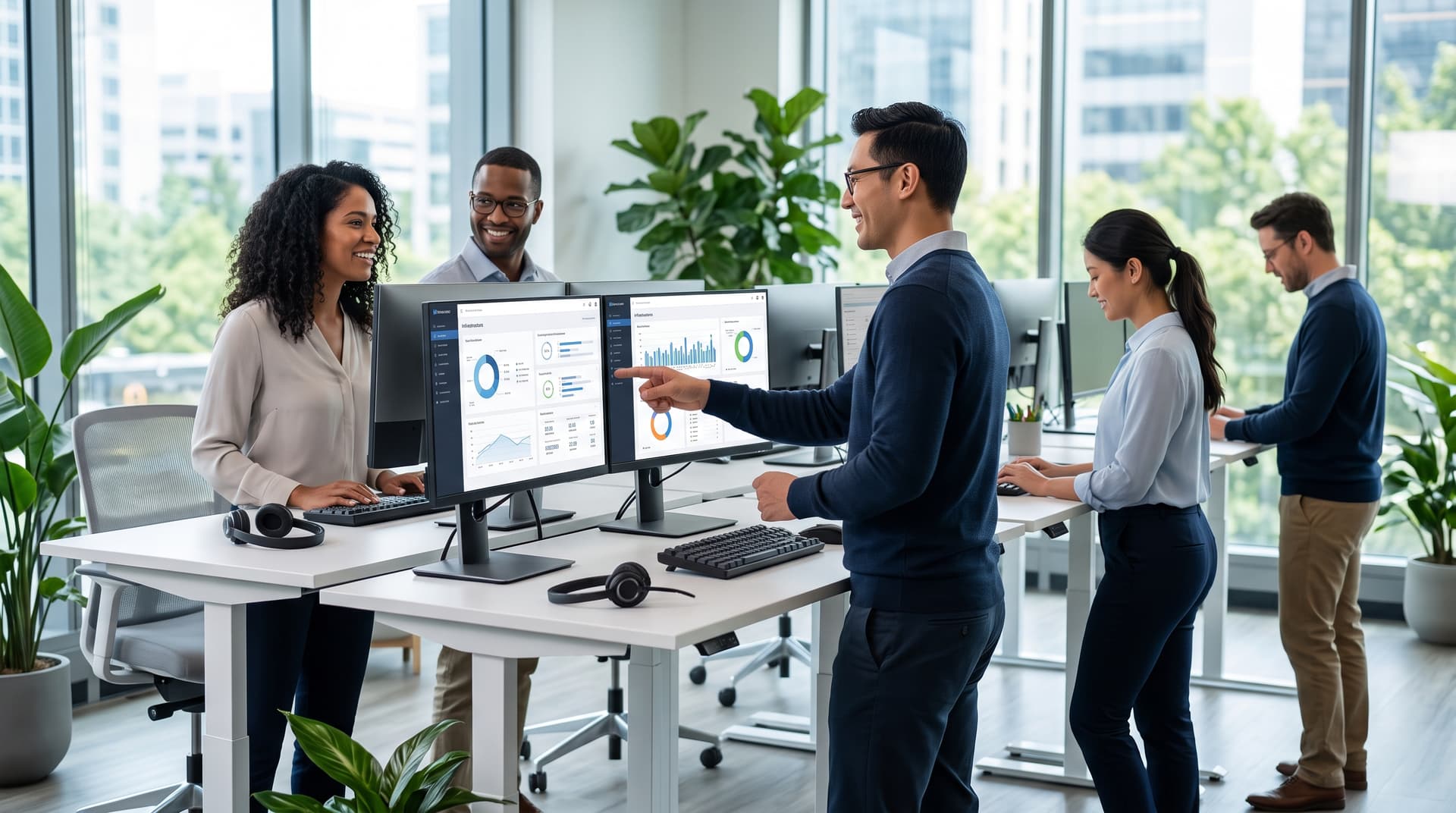 IT support specialists collaborating at modern workstations to resolve end-user technical challenges.