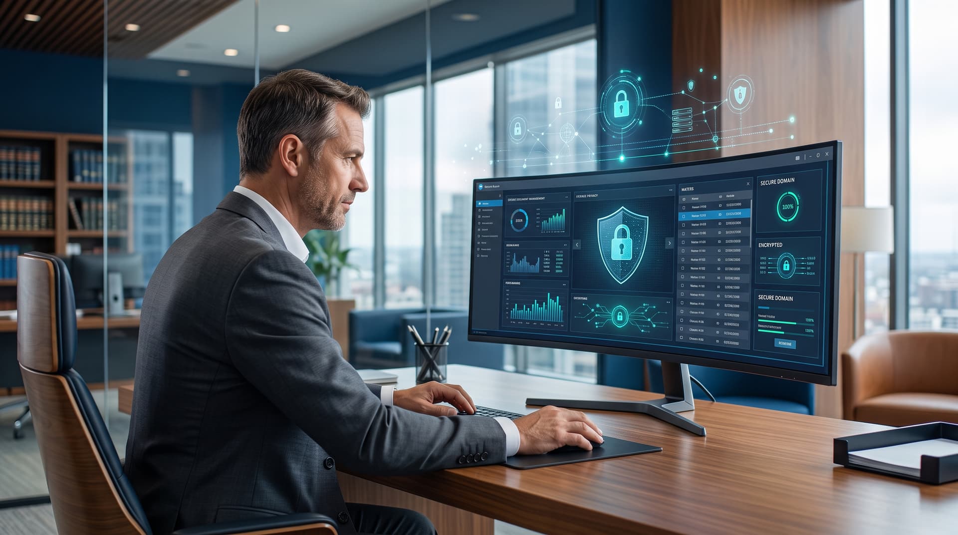 Modern law office desk with professional working on secure computer showing digital security interfaces and encrypted data locks.
