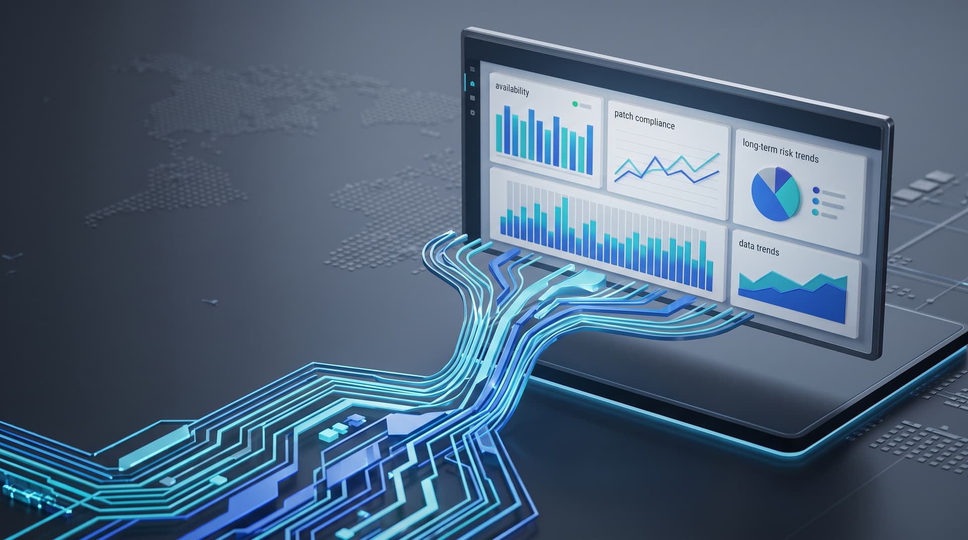 Abstract glowing blue charts and data streams representing IT infrastructure monitoring and executive reporting metrics.